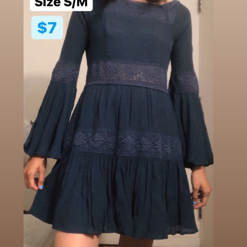 Blue Lace Flowy Long Sleeve Mini Dress